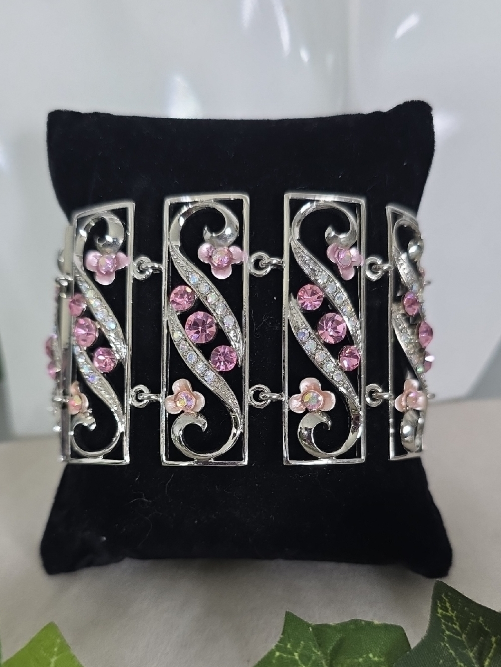 Vintage Pink Crystal Filigree Swirl Floral Panel Bracelet